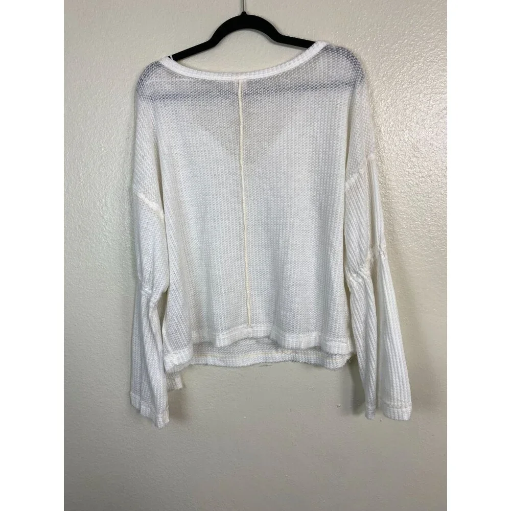 Free People Women White Waffle‎ Knit Top Bell Sleeves Size Small Boho Festival